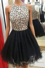 Cute Round-Neck Sequin Tulle Short Black Semi Formal Prom Dresses, Black Homecoming Dresses