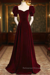 Cute Short Sleeves Burgundy Long Semi Formal Prom Dresses