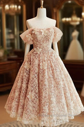 Cute Tulle Flower Short Semi Formal Prom Dress, Beautiful Off The Shoulder A-Line Evening Party Dress