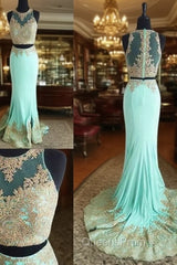 Cute Two Pieces Green Lace Mermaid Long Evening Prom Dress, Evening Dress