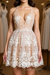 Cute V Neck Backless Pink Lace Appliques Short Evening Prom Dress, Pink Lace Formal Graduation Homecoming Dress