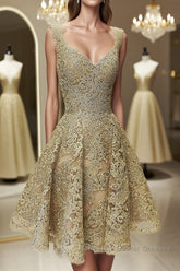 Cute V Neck Golden Lace Short Semi Formal Prom Dresses, Golden Lace Homecoming Dresses, Golden Formal Evening Dresses
