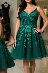 Cute V Neck Green Lace Short Semi Formal Prom Dresses Homecoming Dresses, Green Lace Formal Dresses, Green Evening Dresses