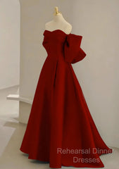 Cute Wine Red Satin Off Shoulder Long Party Dress With Bow, Wine Red Semi Formal Prom Dress