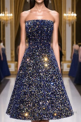 Dark Blue A-Line Sequin Lace Short Semi Formal Prom Dresses, Cute Blue Homecoming Dresses