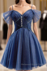 Dark Blue A-Line Short Semi Formal Prom Dresses, Dark Blue Homecoming Dress