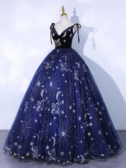 Dark Blue A-Line Tulle Lace Long Prom Dress, Dark Blue Long Formal Dress