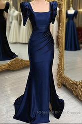 Dark Blue Blue Long Mermaid Semi Formal Prom Dress With Slit, Dark Blue Party Dress