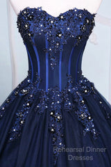 Dark Blue Tulle Lace Princess Dress, Beautiful A-Line Strapless Long Semi Formal Prom Dress