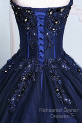 Dark Blue Tulle Lace Princess Dress, Beautiful A-Line Strapless Long Semi Formal Prom Dress