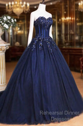 Dark Blue Tulle Lace Princess Dress, Beautiful A-Line Strapless Long Semi Formal Prom Dress