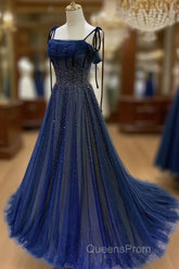 Dark Blue Tulle Sequin Long Evening Prom Dress, Dark Blue Evening Dress
