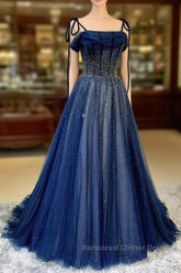 Dark Blue Tulle Sequin Long Semi Formal Prom Dresses A Line Birthday Party Dresses