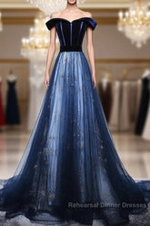 Dark Blue Tulle Velvet Long Semi Formal Prom Dress, Blue Evening Dress