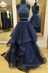 Dark Blue Two Pieces Beads Long Semi Formal Prom Dress, Formal Dress