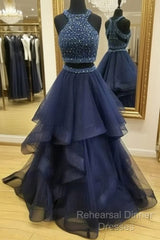 Dark Blue Two Pieces Beads Long Semi Formal Prom Dress, Formal Dress