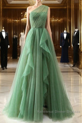 Dark Green A-Line One-Shoulder Sequins Tulle Long Semi Formal Prom Dress