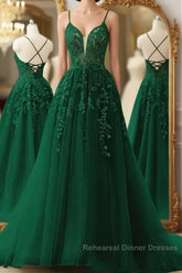 Dark Green A-Line Tulle Lace Long Semi Formal Prom Dress V Neck Lace Formal Evening Dress