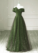 Dark Green and Black A-line Satin Long Party Dress, Simple Long Prom Dress