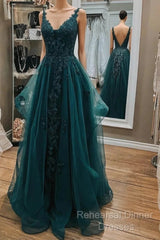 Dark Green Lace Beaded Long Semi Formal Prom Dresses, V Neck Backless Evening Dresses