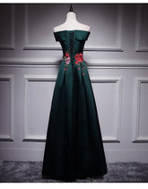 Dark Green Satin Off Shoulder Floor Length Satin Party Dress, Green Prom Dress Formal Dress