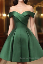 Dark Green Satin Off Shoulder Knee Length Party Dress, Green Homecoming Dress Semi Formal Prom Dress