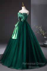 Dark Green Strapless Tulle Long Semi Formal Prom Dress, Beautiful A-Line Formal Evening Dress