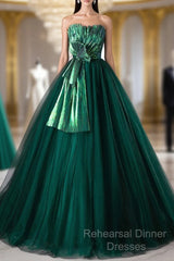 Dark Green Strapless Tulle Long Semi Formal Prom Dress, Beautiful A-Line Formal Evening Dress