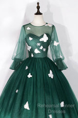 Dark Green Tulle Long Semi Formal Prom Dress, A-Line Long Sleeve Evening Party Dress With Butterfly Appliques