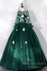 Dark Green Tulle Long Semi Formal Prom Dress, A-Line Long Sleeve Evening Party Dress With Butterfly Appliques