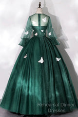 Dark Green Tulle Long Semi Formal Prom Dress, A-Line Long Sleeve Evening Party Dress With Butterfly Appliques