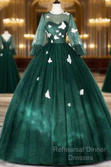 Dark Green Tulle Long Semi Formal Prom Dress, A-Line Long Sleeve Evening Party Dress With Butterfly Appliques
