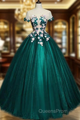 Dark Green Tulle Round Neckline Ball Gown Formal Dress, Quinceanera Dress