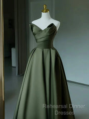 Dark Green V-Neckline Satin Long Semi Formal Prom Dress, Dark Green Party Dress