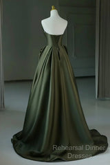 Dark Green V-Neckline Satin Long Semi Formal Prom Dress, Dark Green Party Dress