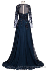 Dark Navy Long A-line Jewel Tulle Semi Formal Prom Evening Dresses with Sleeves