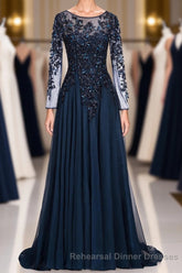 Dark Navy Long A-line Jewel Tulle Semi Formal Prom Evening Dresses with Sleeves