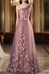 Dark Pink One Shoulder Flowers Tulle Bridesmaid Dresses, A-Line Pink Semi Formal Prom Dresses