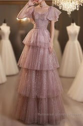 Dark Pink Shiny Tulle Short Sleeves Party Dress, Beaded Pink Tulle Semi Formal Prom Dress