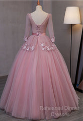 Dark Pink V-Neckline Ball Gown Lace Applique Sweet 16 Dress, Pink Semi Formal Prom Dress Party Dress