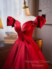 Dark Red Satin Long Semi Formal Prom Dress, Off The Shoulder A-Line Formal Evening Dress