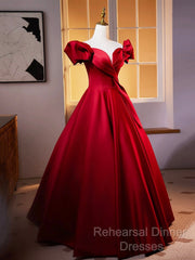 Dark Red Satin Long Semi Formal Prom Dress, Off The Shoulder A-Line Formal Evening Dress