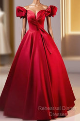 Dark Red Satin Long Semi Formal Prom Dress, Off The Shoulder A-Line Formal Evening Dress