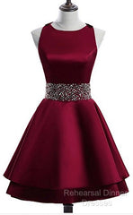 Dark Red Satin Short Two Layered Homecoming Dress, O-Neckline Party Dress, Short Formal Dress