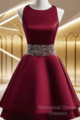 Dark Red Satin Short Two Layered Homecoming Dress, O-Neckline Party Dress, Short Formal Dress