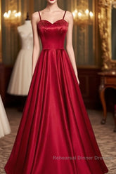 Dark Red Straps Beaded Sweetheart Satin Long Party Dress, Wine Red Semi Formal Prom Dresses