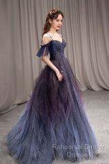 Dark Starry Sky Purple Tulle Long Semi Formal Prom Dress Purple Evening Dress