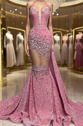 V-Neck Sequins Evening Prom Dress Mermaid Sleeveless Crystal.