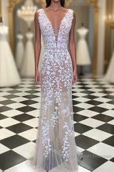 Deep V Neck Champagne Lace Semi Formal Prom Dresses, V Neck Champagne Lace Wedding Dresses Formal Evening Dresses