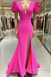 Deep V-Neck Hot Pink Mermaid Long Semi Formal Prom Dress With Balloon Sleeves